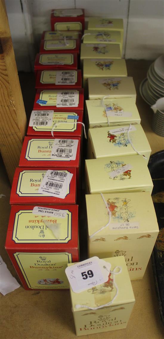 10 Royal Doulton Bunnykins, boxed (Sleepytime, Santa, Bedtime, Tally Ho, Family Photo, Paper Boy, Storytime, , Polly, Sweetheart, 60th)